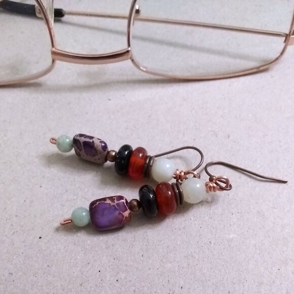 Multi-Hued Fall Danglers ~ Semi-Precious Beads ~ Unique Handmade Stack Earrings - Picture 2 of 6